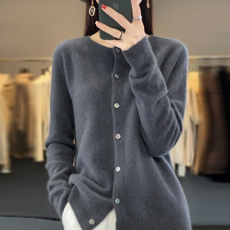 Spring and autumn new women\'s 100% wool knitted cardigan coat loose O-neck sweater coat fashion solid color coat