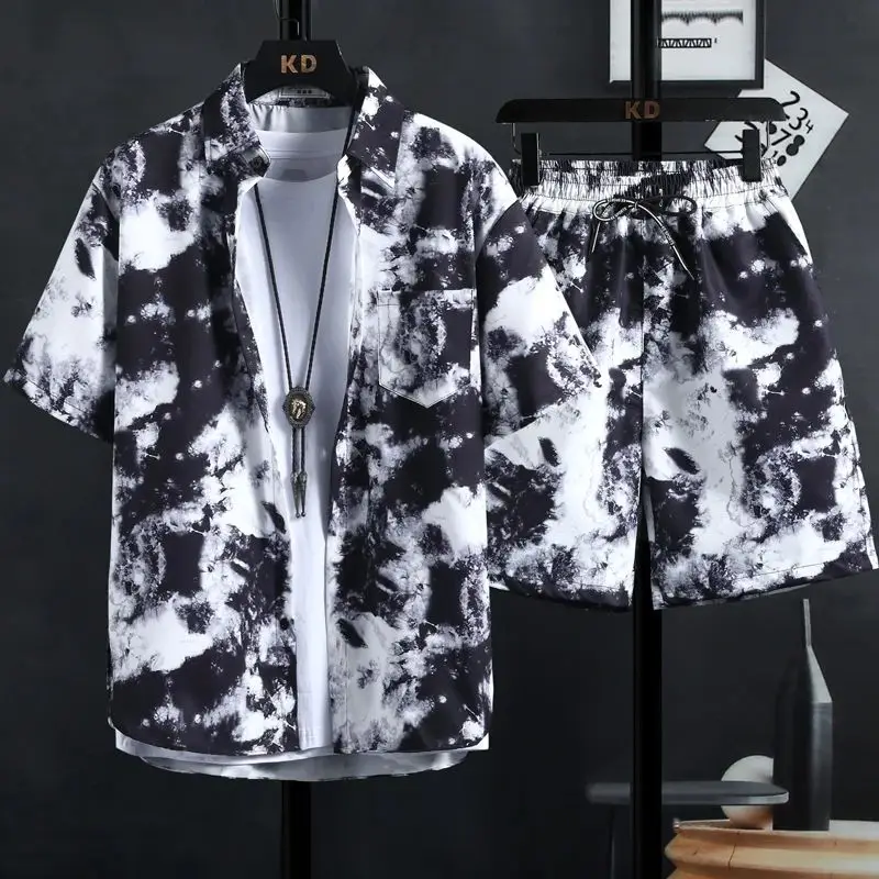 High Quali Men's Printed irt Set Faion Trend Cleanfit Sle A-Line Sve Linen Material Ladies' T-irt