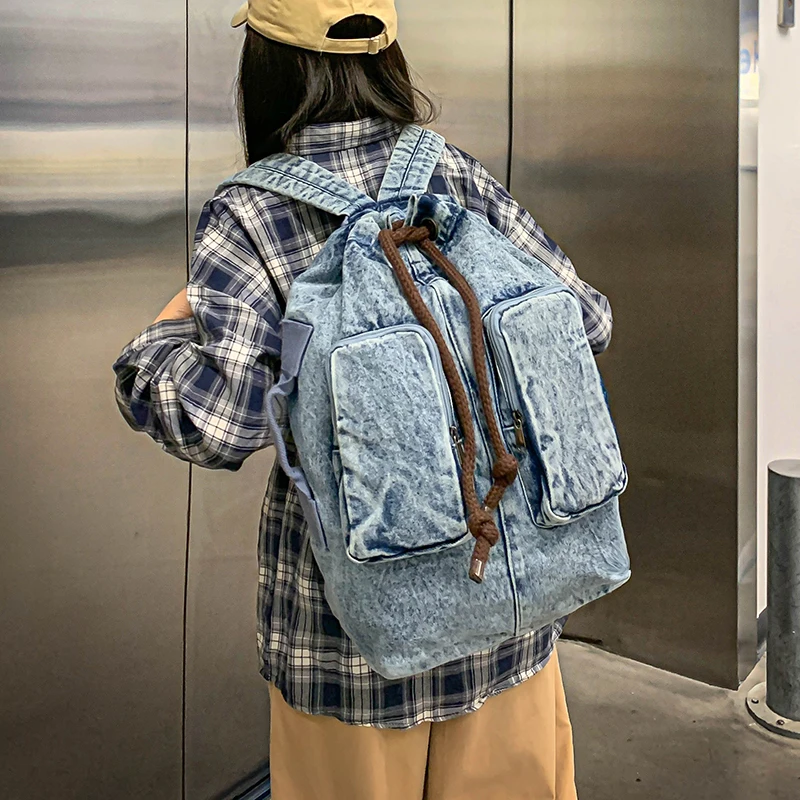 Denim Backpack Drawstring Double Pocket Large Capacity Casual Daily Student Streetwear 2026 Fashion Backpack for Women & Men