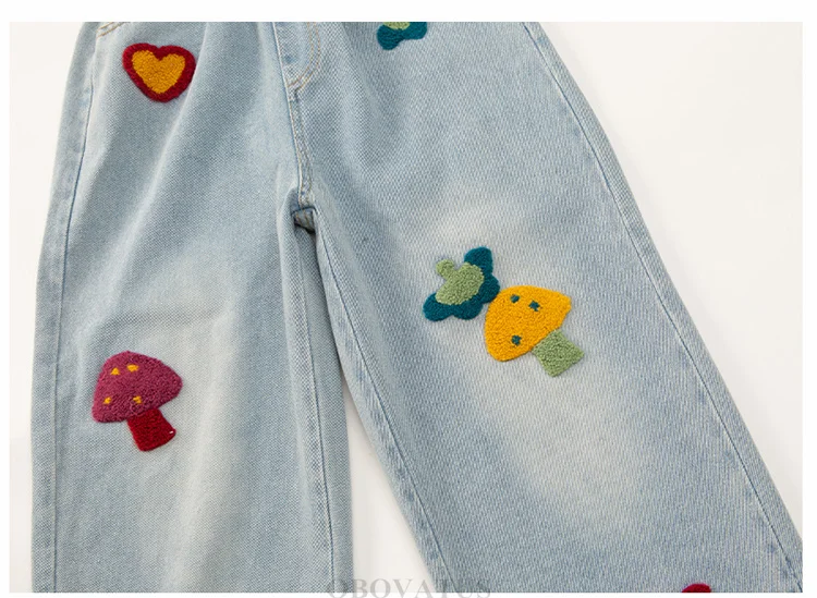 Frühlings-Kinderjeans mit Pilz-Applikationen für Mädchen, Neues Design, Street-Denim-Hosen, Kinder Slim Fit Regular Jeans-Hosen – Detail 9