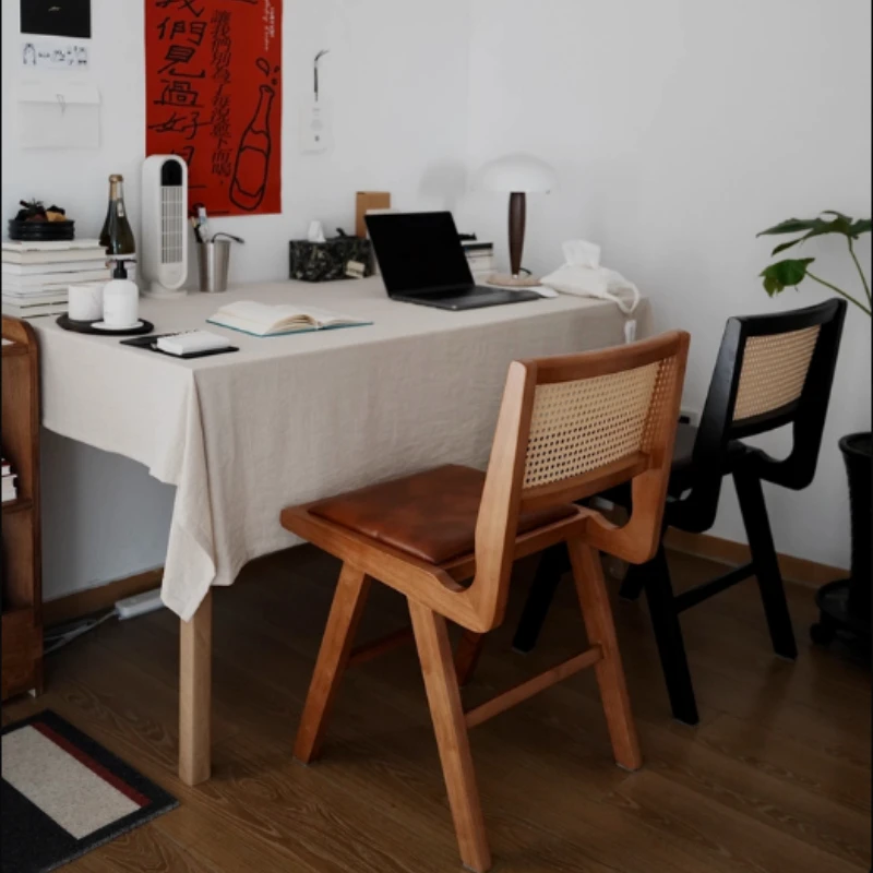 Vintage Solid Wood Cane Woven Dining Chair Walnut Desk Chair High Elasticity Cushion Vanity Stool Designer Woven Backrest Chairs