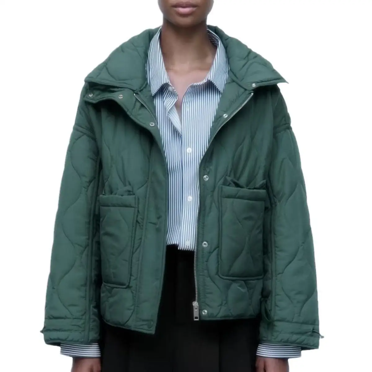Women's Loose Long-sleeved Stand Collar Diamond Pattern Thin Cotton Jacket with Pockets Winter Parkas