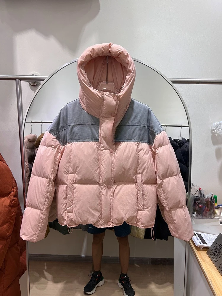 Women's color blocked bread fashion hooded casual versatile white duck down jacket trend winter design sense down jacket