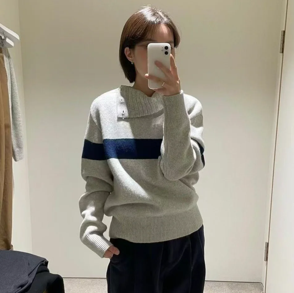 

Moondal Camere шерстяной вязаный свитер на пуговицах с высоким воротником, свободный трикотаж Fem Commute Sle Long Sve, осень 2023 г.