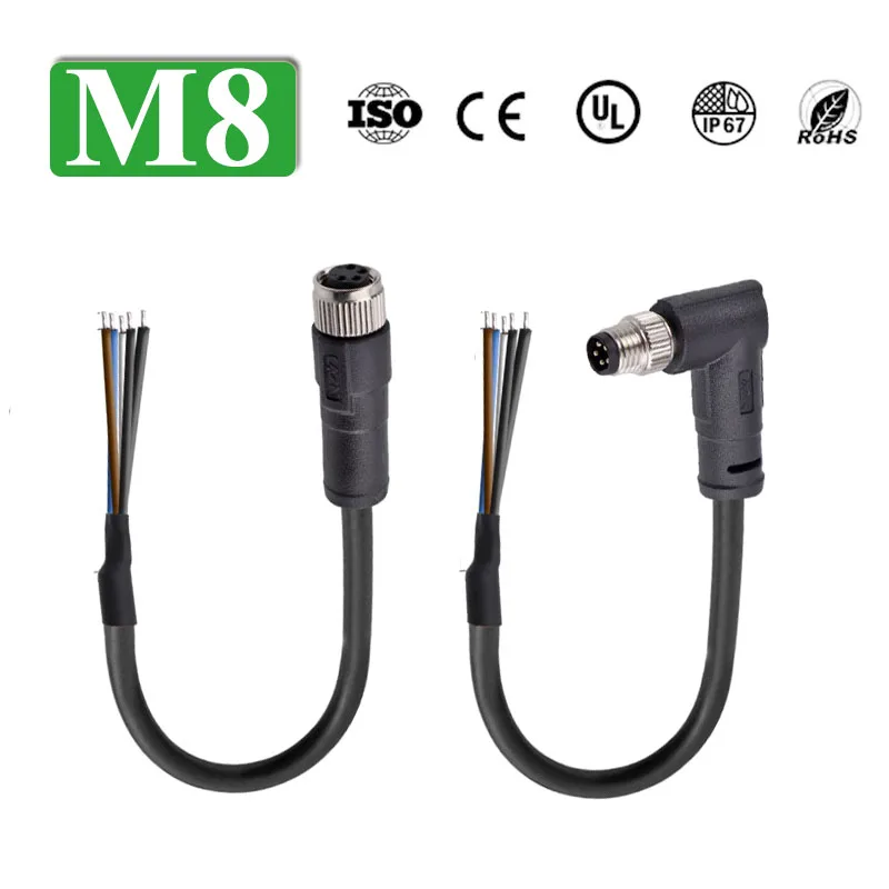 Elbow M8 Shielded Cable Connector Waterproof 3 4 5 6 8 Pin Aviation Plug Wire IP67 3A 30V Male Female Straight Head with Line