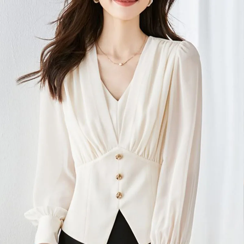 Women Clothing Fashion Casual V-Neck Chiffon Top Spring Summer Elegant Long Sleeve Blouse Office Lady Slim Chic Solid Shirt