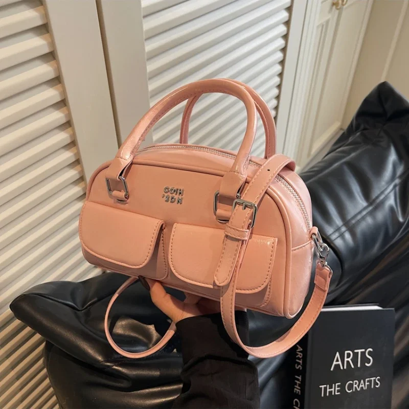 2025 New Product Double Pocket Solid Color PU Horizontal Small Square Crossbody Bag Simple Zipper Fashion Women's Handbag