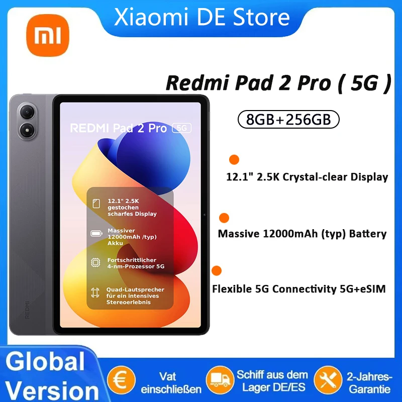 Xiaomi Redmi Pad 2 Pro 5G, wereldwijde versie, tablet met 8 GB RAM en 256 GB opslag, geavanceerde 4nm-processor met 5G+eSIM, 12,1 inch 2,5K-scherm met kristalheldere beeldkwaliteit, 12.000