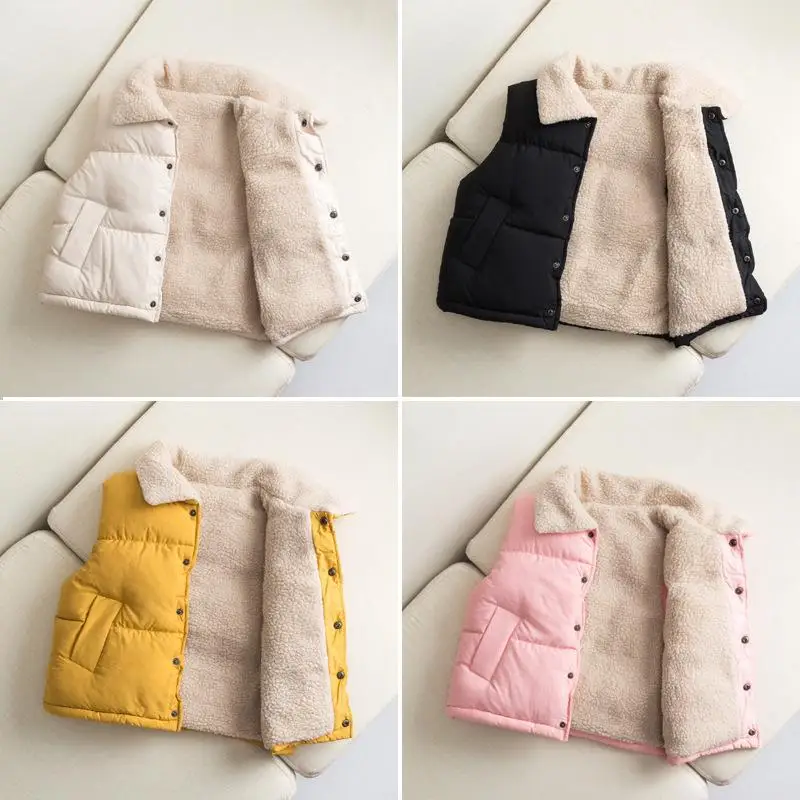 Kids Thickened Vest Autumn Winter New Solid Color Fleece‑Lined Waistcoat With Fur Collar Boys Sleeveless Warm Outerwear Baby Top