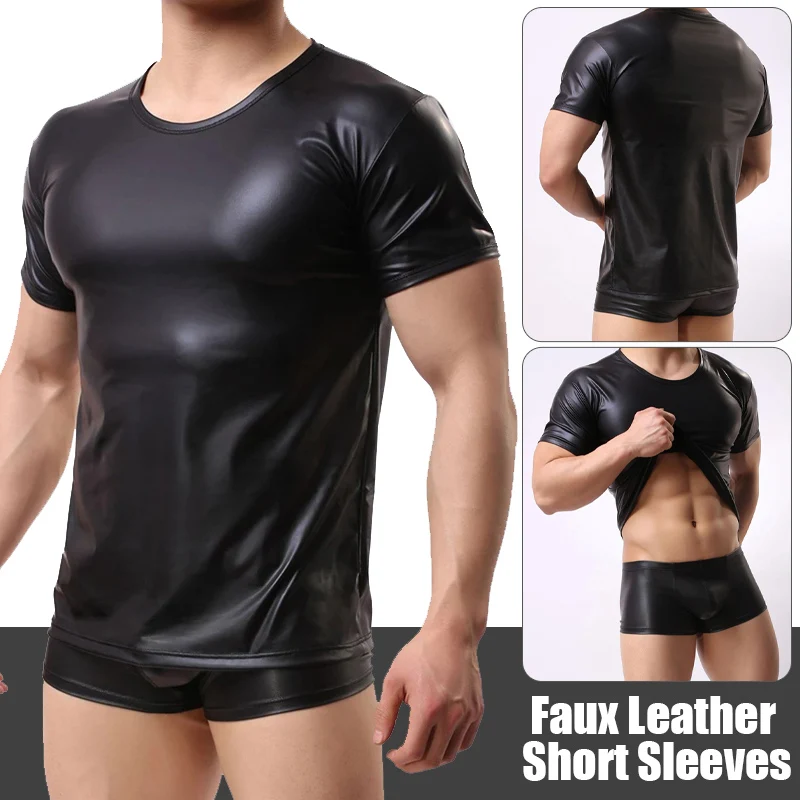 Sexy Men's Faux Leather Black T-Shirt Slim Tight Tops Short Sleeve  Tees Men Wet Look Latex Nightclub Catsuit PVC T Shirts