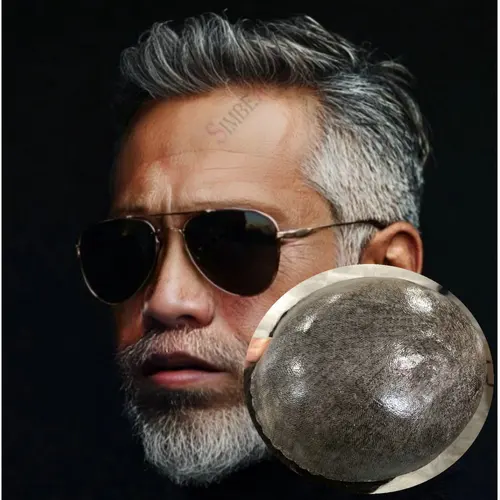 Imagen 2 del producto # Peluquín de pelo humano 1b80gris para hombre mayor, sistema de prótesis capilar masculina, línea de cabello Natural, Base de piel fina indetectable