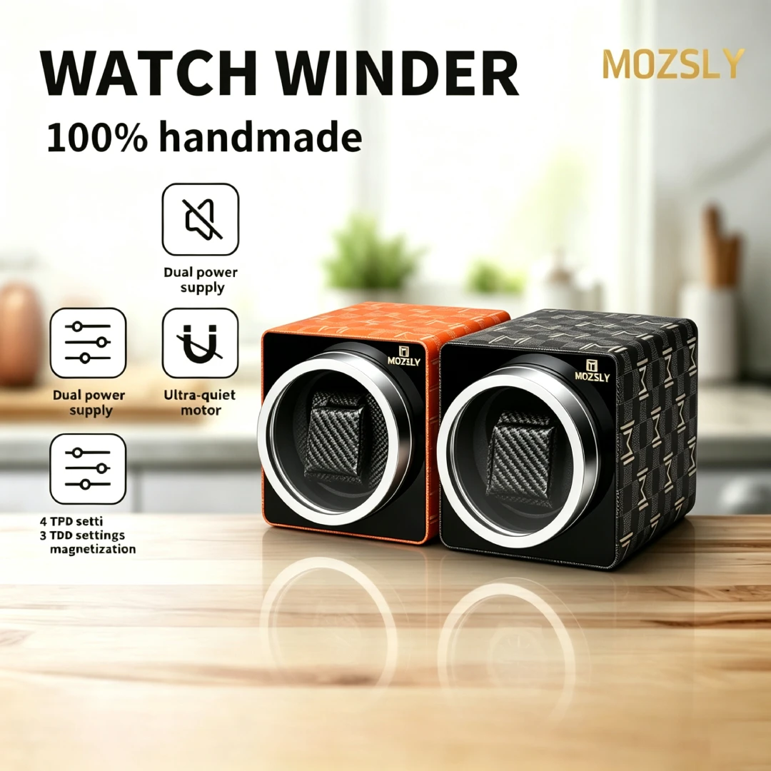 Mozsly Luxury Single Watch Winder, Handcrafted & 20 dB Japanese Motor, PU/Metal, 12 TPD Stackable, for Showcase Fits Rolex Omege