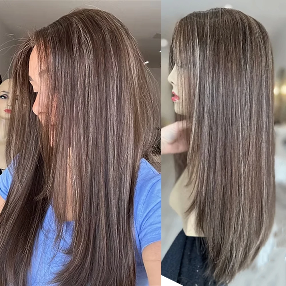 

Синтетический парик с темными коричневыми мелированиями, с кружевной передней частью, легко надевается, шелковисто-прямой, мягкий, без клея, для женщин, для вечеринок и повседневного использования