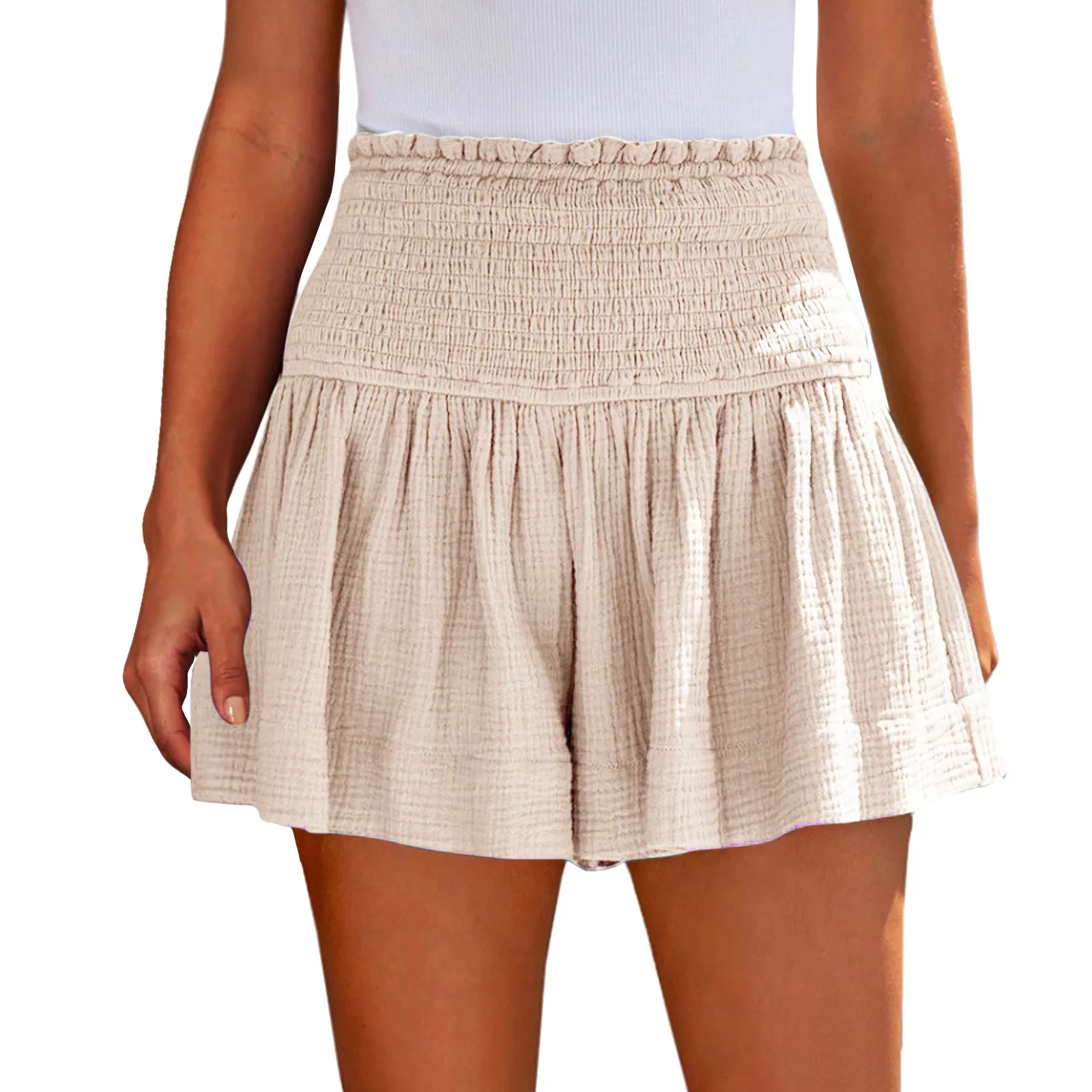 

Ladies’ Large Sized High Waist Casual Soft Solid Color Breathable Fashion Wide Leg Shorts Summer Elastic Waist Pleated Trousers