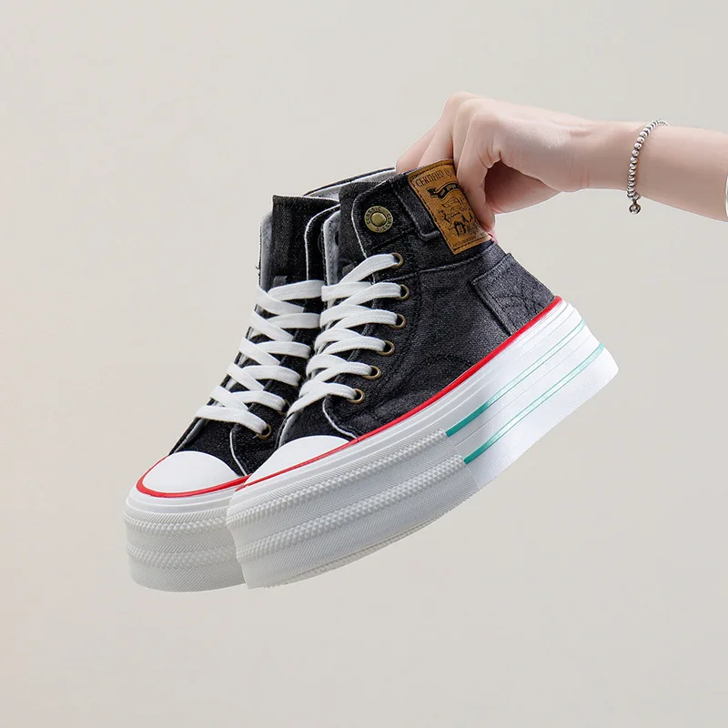 35-40 Women Denim Short Boots Thick Sole 5CM Height Increasing Female Canvas Shoes High Top Lace Up Patchwork Upper All Match image 4