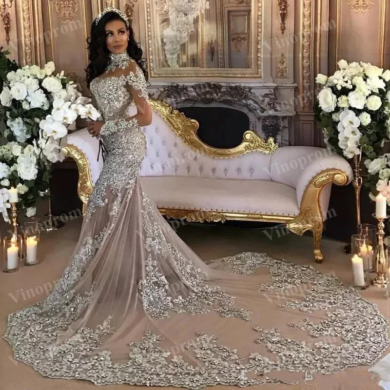 Customized Arabic Luxury Wedding Dresses Sheer Long Sleeves High Neck Lace Applique Beaded Mermaid Bridal Gowns Chapel Train Dub