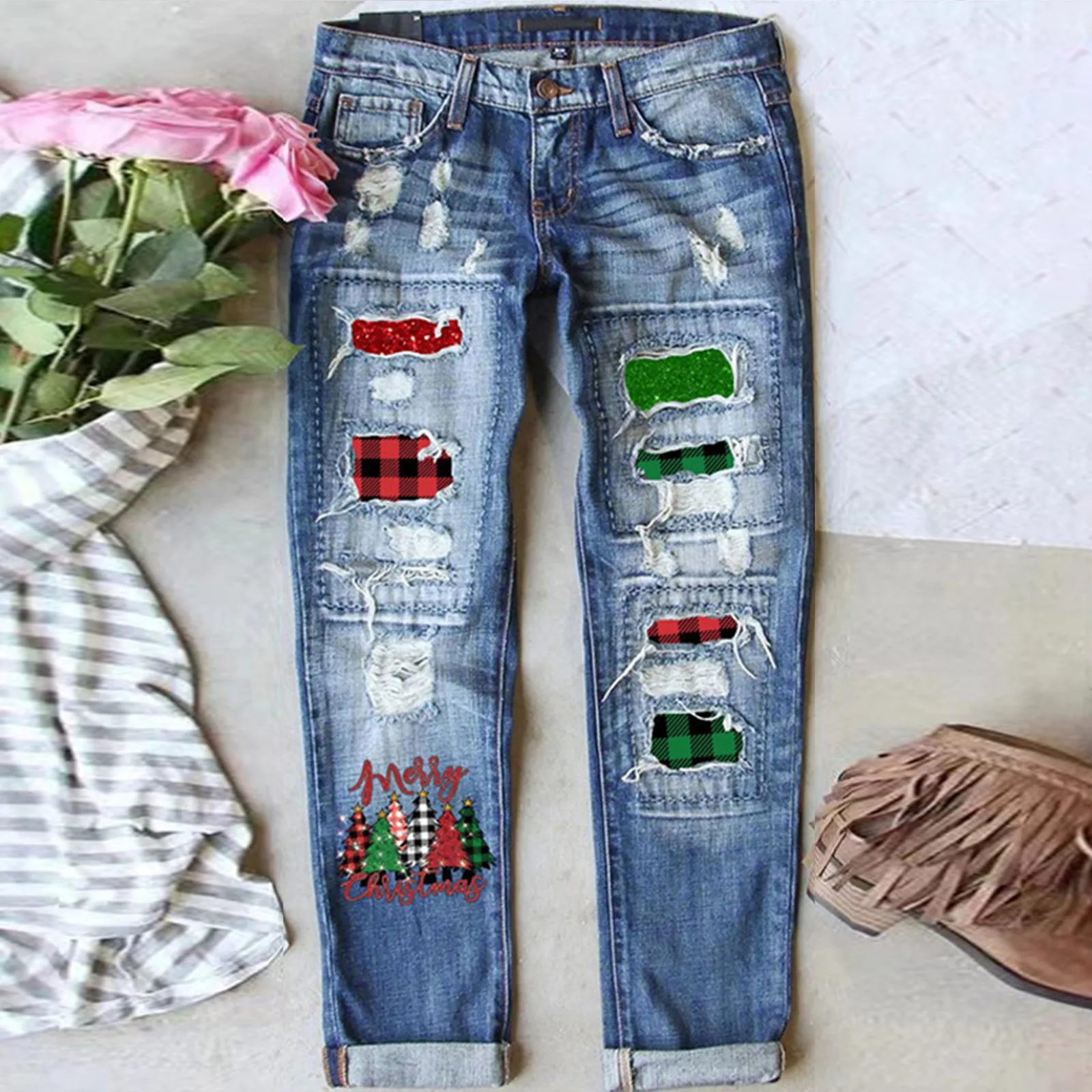 

Women Denim Jeans Autumn And Winter Christmas Ripped Jeans Printed Hole Thickened Trousers Mid Rise Barrel Straight Leg Pants