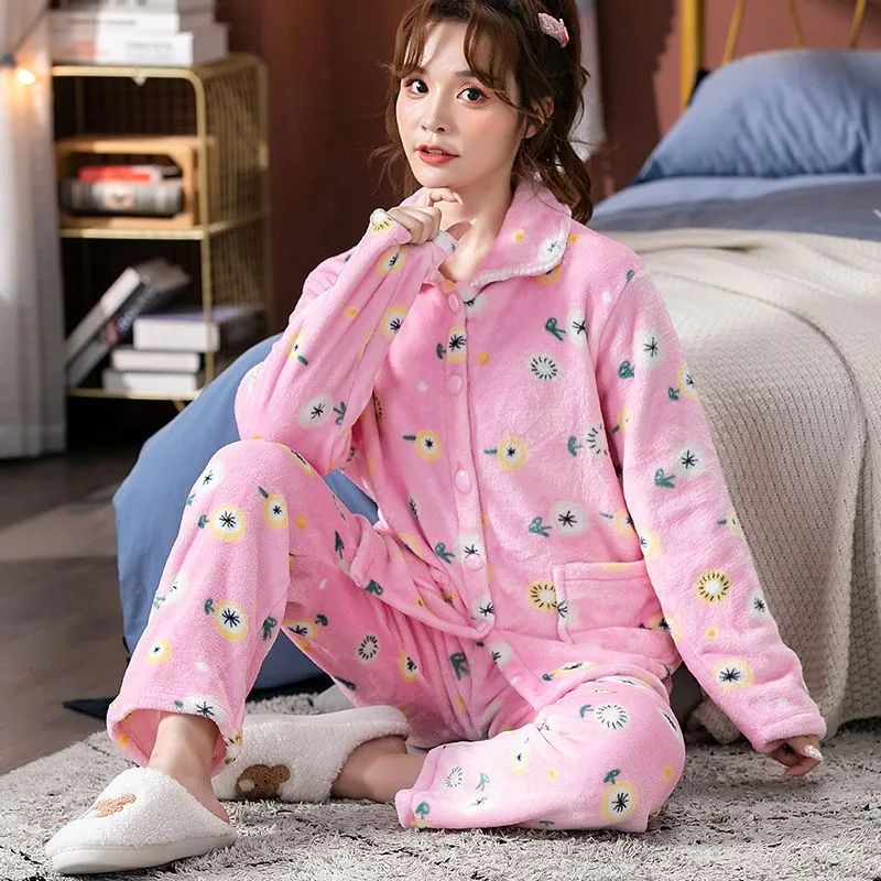 2024 Nieuwe Herfst Winter Flanellen Pyjama Voor Dames Lange Mouwen Oversized Nachtkleding Koraalfluwelen Loungewear Set Schattige V-Hals Homewear