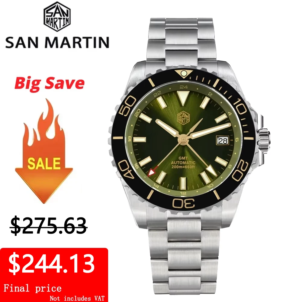 ساعة سان مارتن SN0136 39 ملم غواص GMT NH34 أوتوماتيكية ميكانيكية مينا مينا ياقوت مضيئة من الفولاذ المقاوم للصدأ ساعة رجالية فاخرة