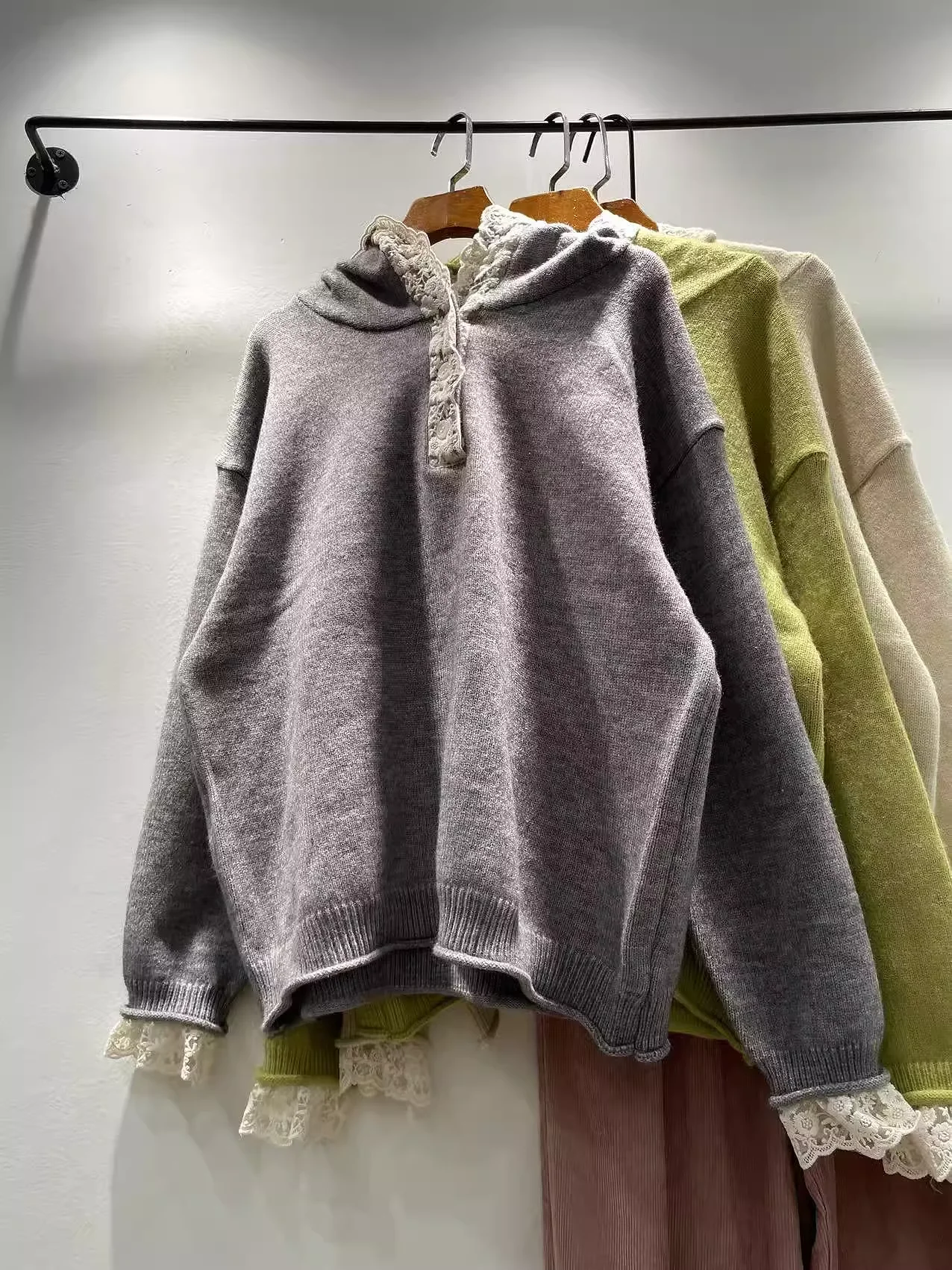 2026 Original Women Hooded Sweater Mori Girl Japanese Style Lace Patchwork Green Beige Gray Knit Pullover Knitted Women Hoodies