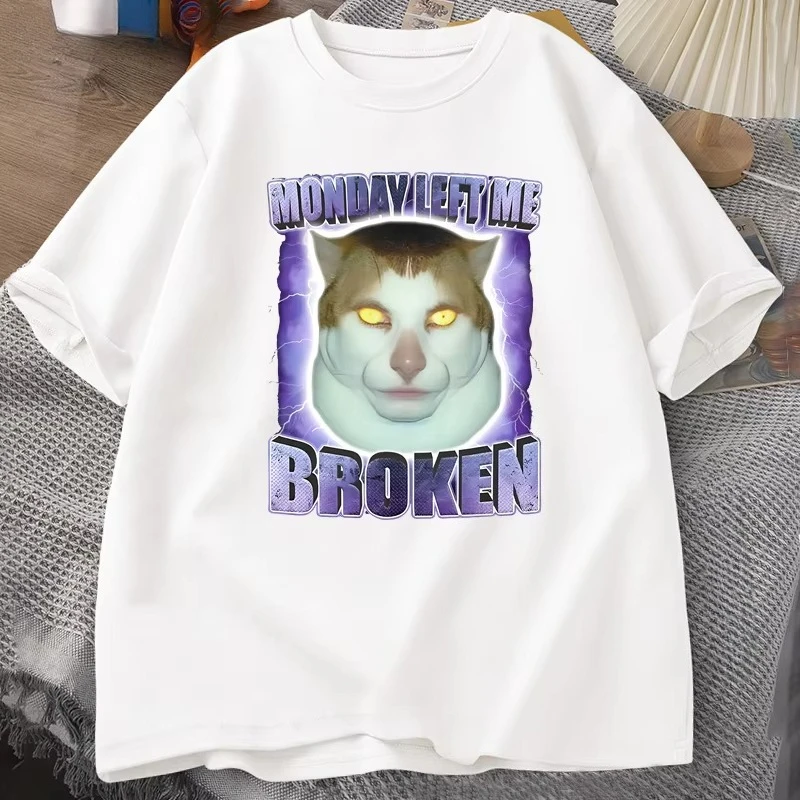 Monday Left Me Broken Funny Cat T-shirt for Men Women Printed Short Sleeve Cotton Round Neck Graphic T Shirts Streetwear Tshirt
