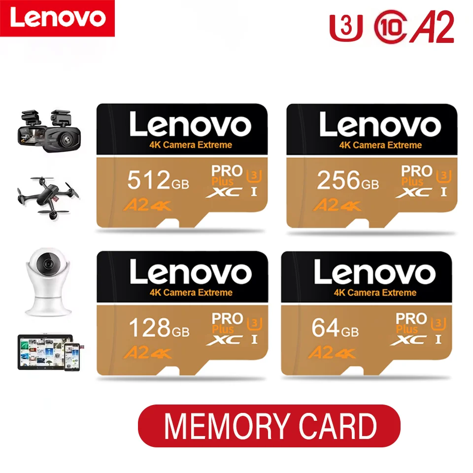 Lenovo New High Speed Memory Card 64GB 128GB 256GB A2 Micro TF SD Card 512GB SD Memory Card For Camera Phones tablets
