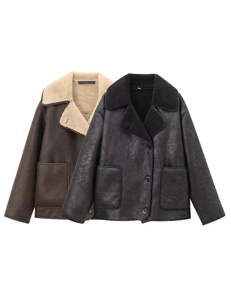 

Women's Suede Short Jacket 2025 Autumn and Winter New Faux Fur Splice Button Up Leisure Pocket Warm Coat Fashion Women Outfit