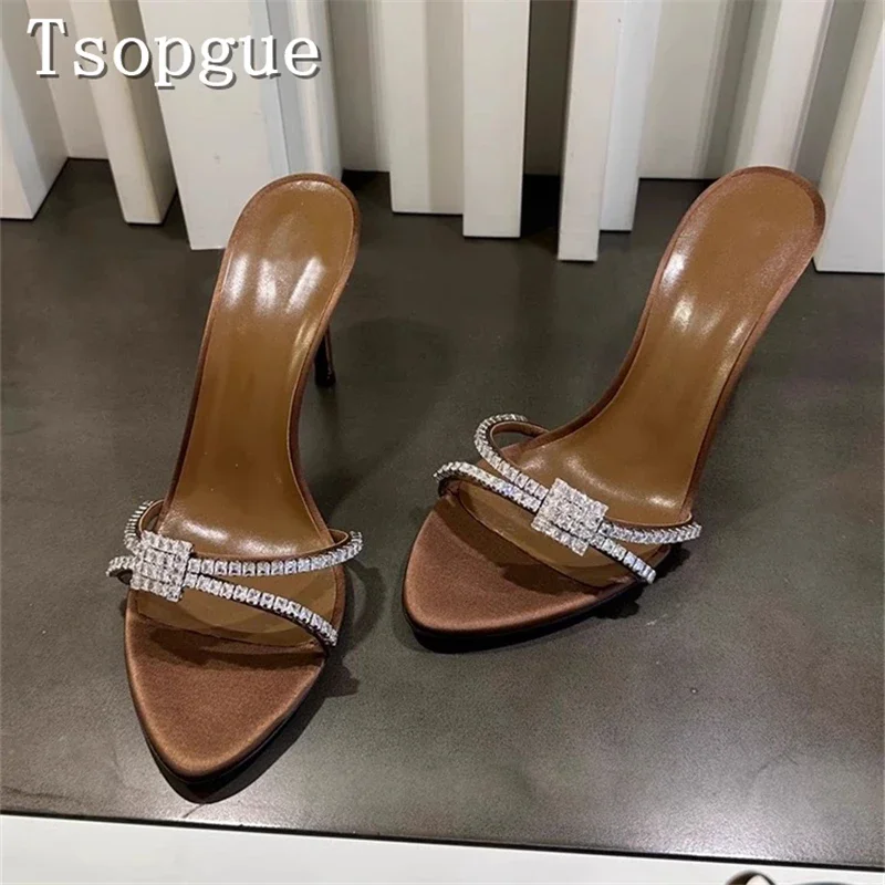 

Luxury Design Satin Rhinestone Women Slippers Brown Pointed Toe High Heels Mules Banquet Wedding Sandals