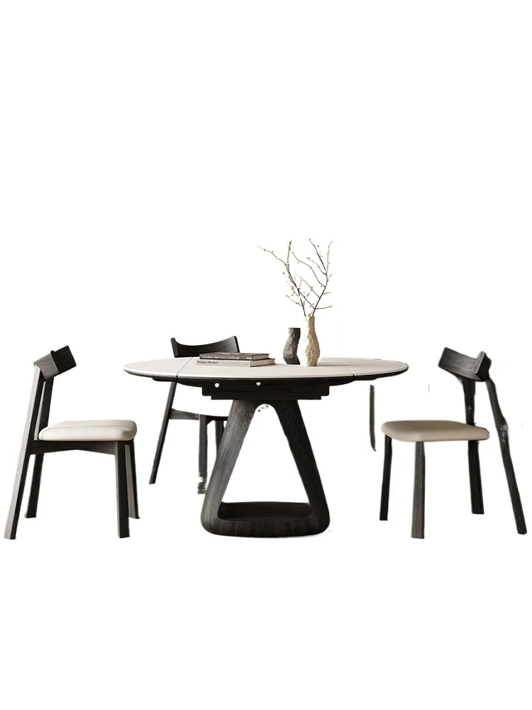 

French retro solid wood retractable rock slab dining table light luxury household small apartment black folding square and round