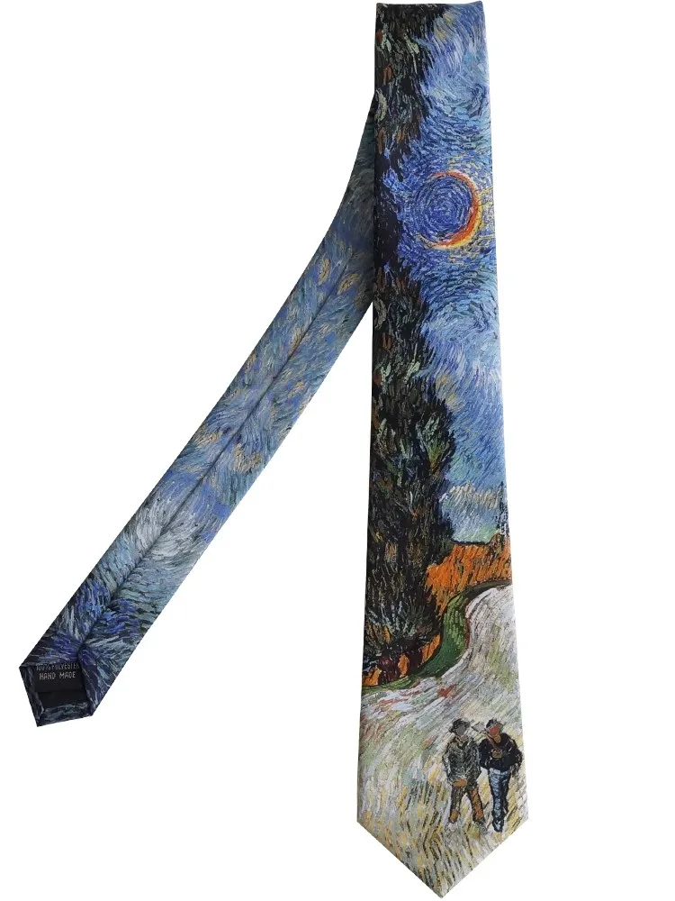 

Free shipping New Men's fashion Original Oil painting [Cypress Road] Van Gogh blue printed tie retro artistic niche design