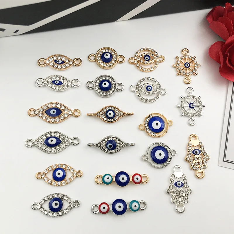 KC Alloy Crystal Turkish Evil Eye Connector Charm For Jewelry Making Bracelet Necklace Pendant DIY Accessories Supply Lots Bulk