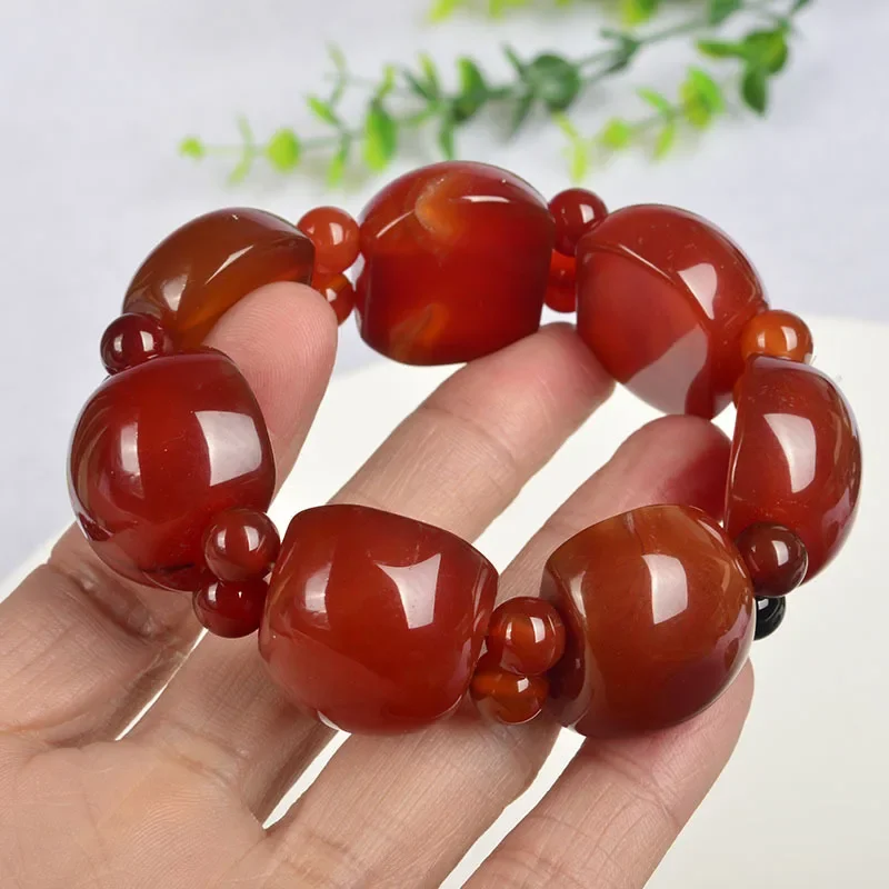 Natural Red Chalcedony Hand-carved Hemispherical Jade Bracelet Fashion Boutique Jewelry Men's and Women's Red Agate Bracelet