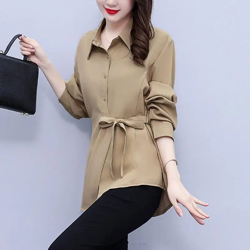 Commute Solid Color Blouse Spring Autumn Polo-Neck Women\'s Clothing Single-breasted Fashion Drawstring Asymmetrical Waist Shirt