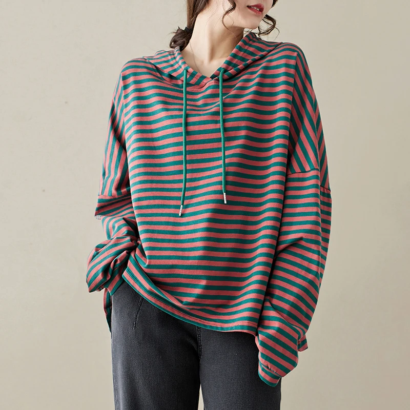 

Women's Loose Fitted Lazy Sle Hoodie Large Size Spring Autumn Striped Base irt Casual Dstring Hooded Top