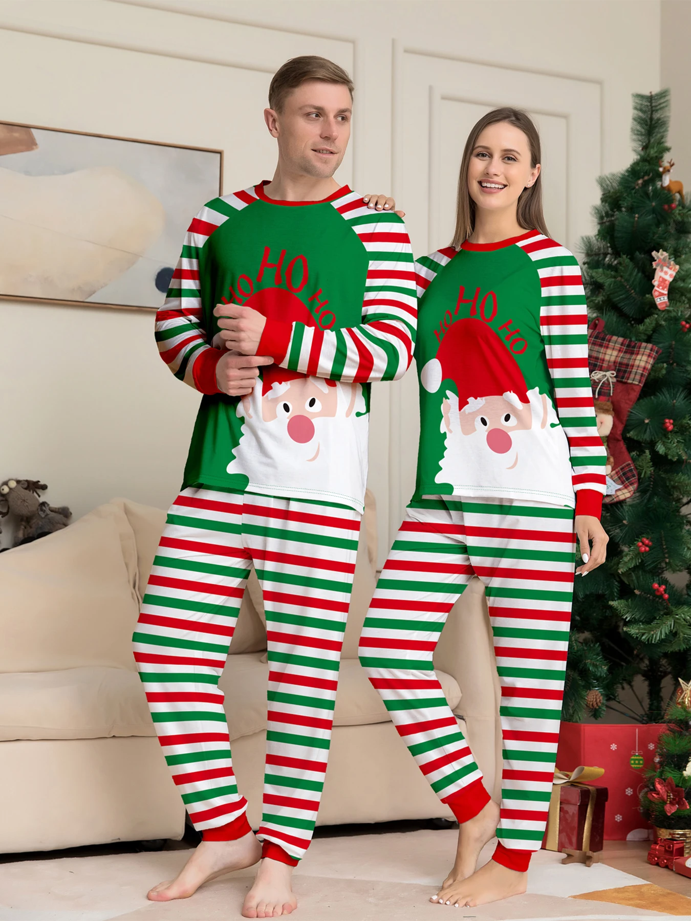 

Christmas Couple Pajamas Set - Raglan Sleeve Green & Red Striped Santa "Ho Ho Ho" Print Sleepwear