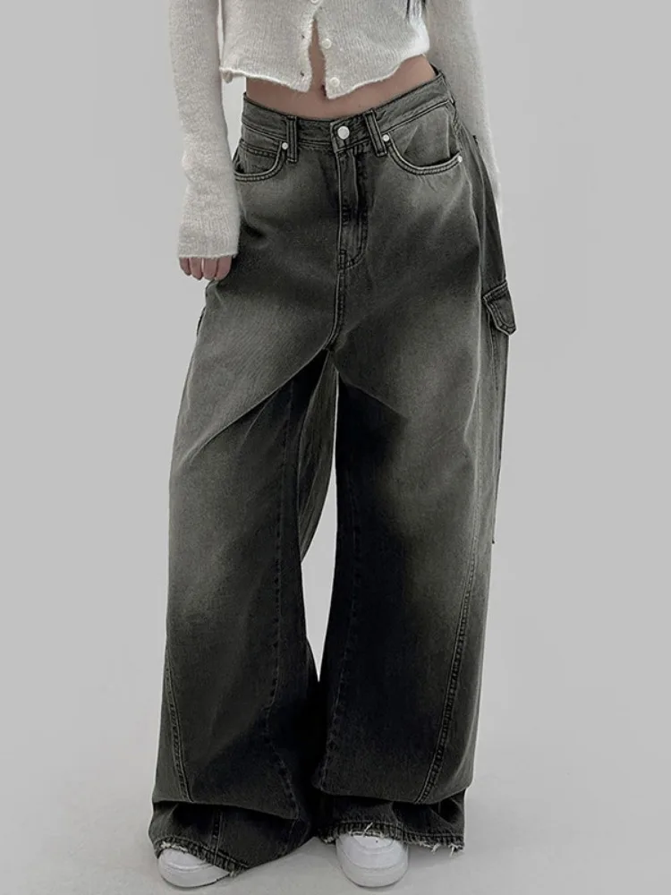 Vrouwen Vintage Zakken Baggy Cargo Jeans Y2k Streetwear Harajuku Hoge Taille Wijde Pijpen Broek Denim Broek Alt Kleding Donkergrijs