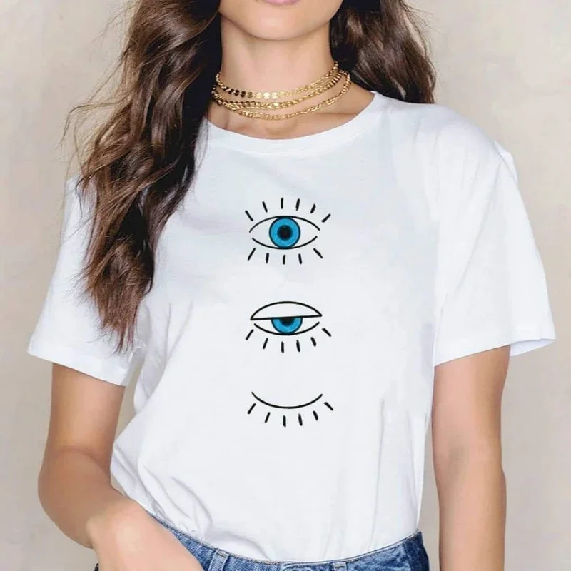 Devil's Eye Printed Tee Shirts  Womens Crop T-shirts O-Neck Short Sleeves Casual Loose Clothes Fashion Female Tops
