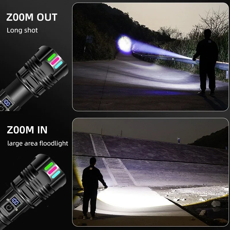 Zoomable White Laser Flashlight - Super Bright, Digital Display, Color Fluorescent, Emergency Tactical Rechargeable Torch