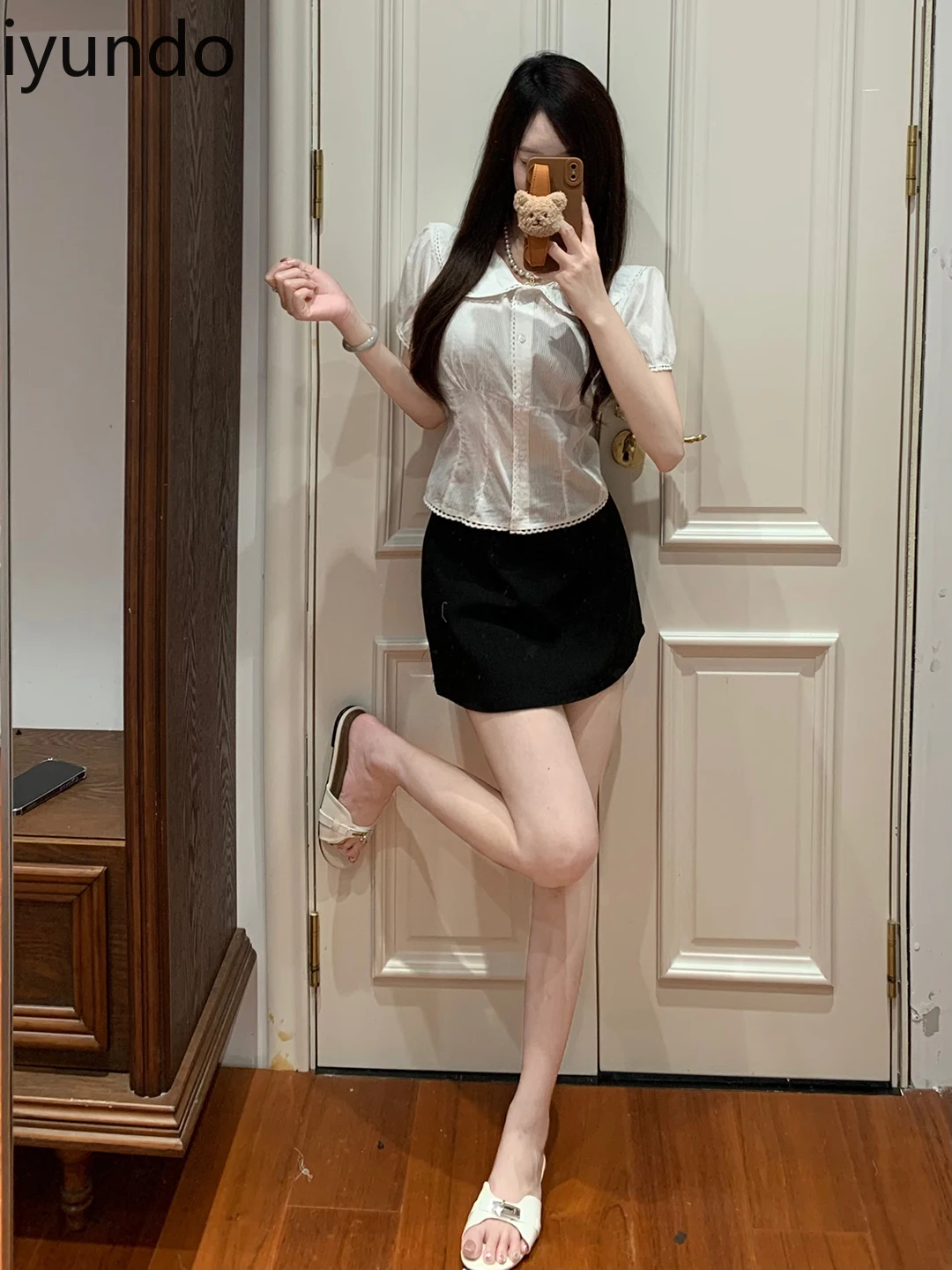 Elegante Franse zoete witte blouse voor dames Leuke kraag Pofmouwen Hoogwaardige katoenen top Boho Chic Style Outfit