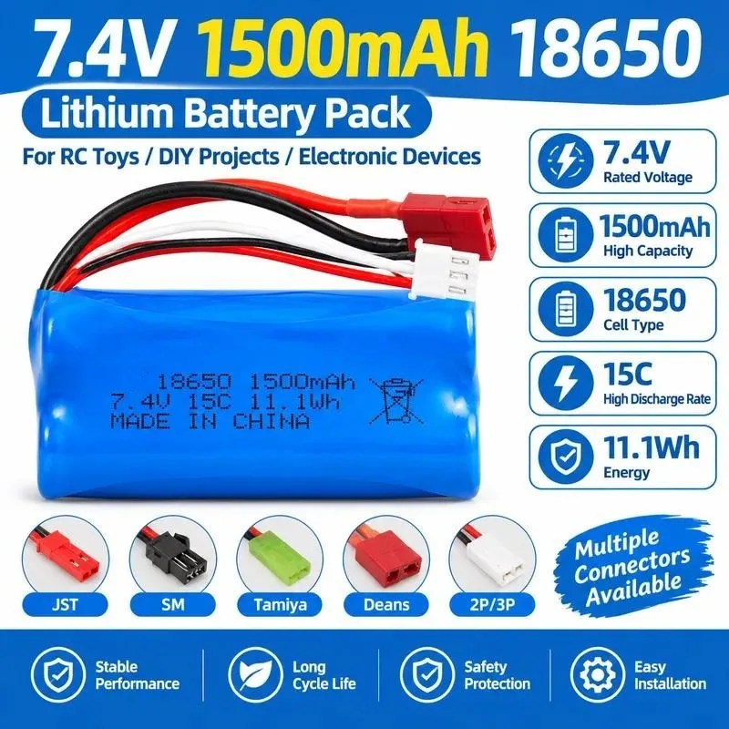 for Cylinder 18650 Lithium Battery Pack 7.4V 1500mAh 15C High Rate High Speed RC Car Remote Control Vehicle Battery