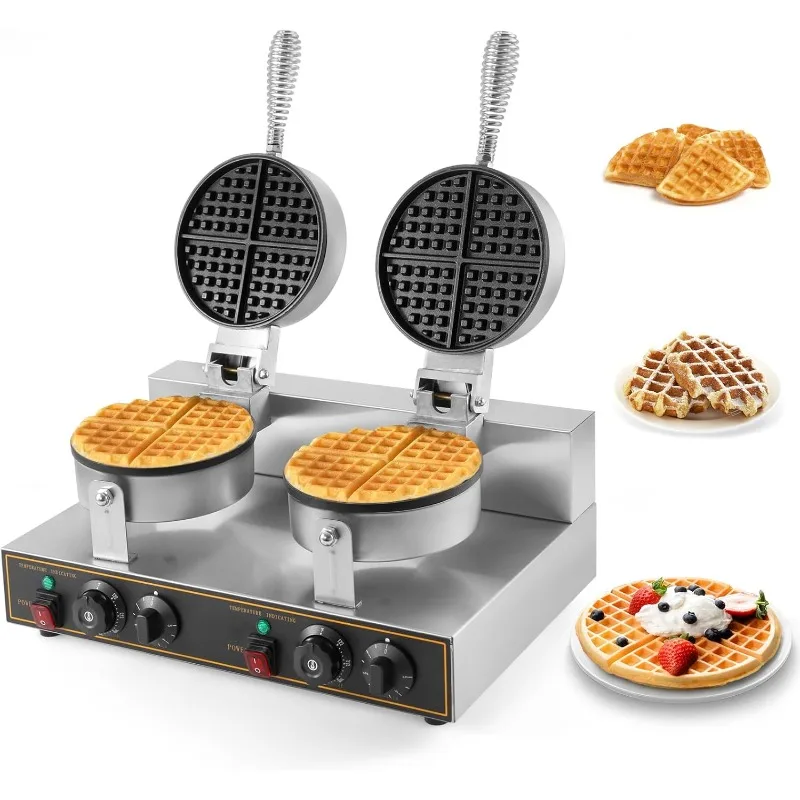 Commercial waffle maker double head waffle maker 110V 2400W non-stick round waffle maker thick stainless steel