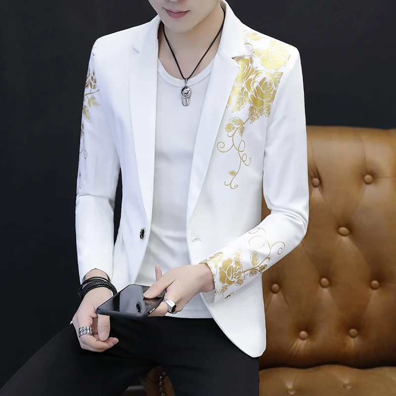 2024 New Men\'s Fashion Gold Print Groom Wedding Dress Suits Jackets Male Casual Blazer / Mens High-end Brand Blazer ( 1 Piece )