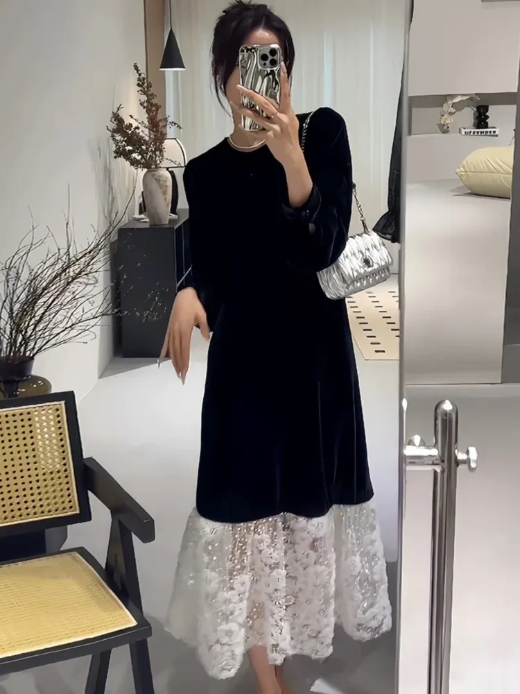 2024 Autumn New Women Velvet Maxi Dress French Elegant Lace Splicing O Neck Long Sleeve A Line Loose Black Vestidos Fashion Robe