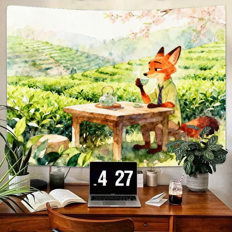 

1 шт., гобелен Nick Wilde Zootopia, акварельная лиса, питьевой чай в чайном поле, настенное искусство, эстетический декор комнаты, подарок для фанатов