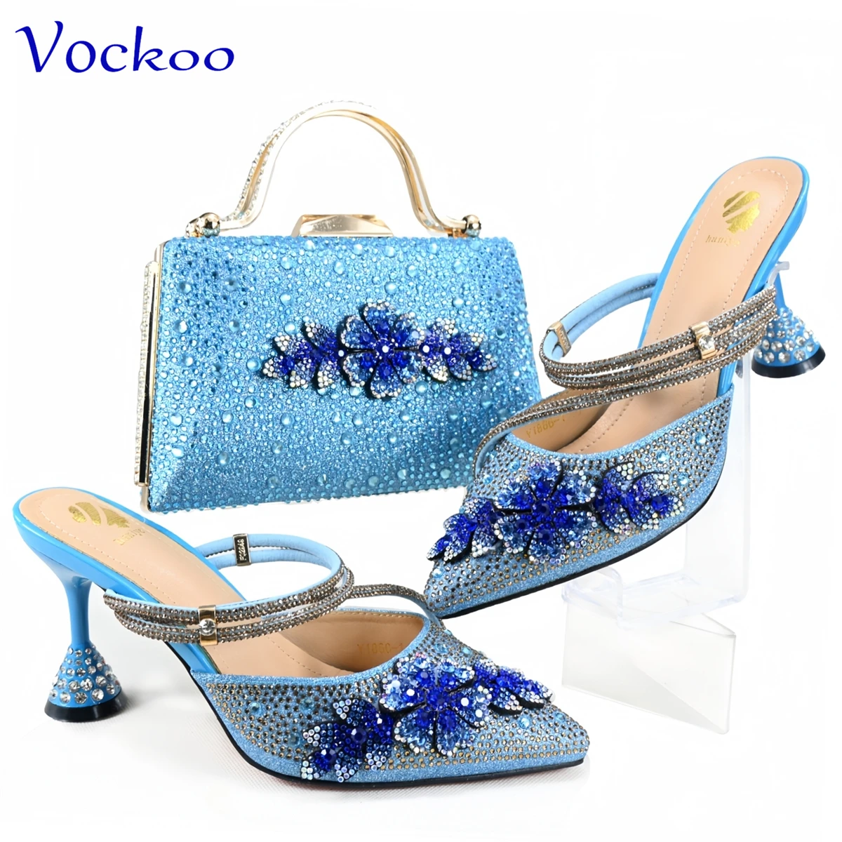 Bolsa de vestido de noite feminina com conjunto de sapatos, designer africano decorar com design de cristal com cristal na cor azul celeste para festa