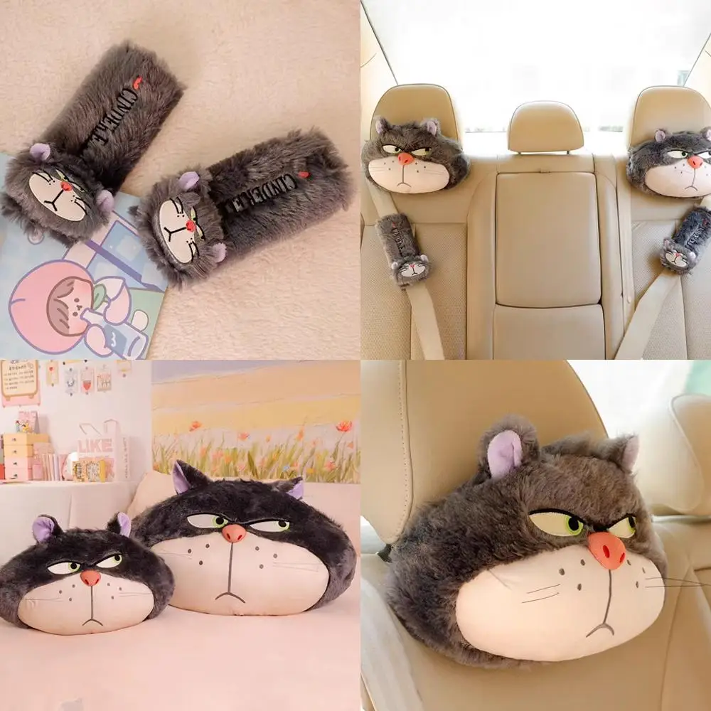 Cartoon Cute Lucifer Bad Cat Car Headrest Seat Belt Cover Anime Movie Plush Car Headrest Car Neck Pillow Interior Supplies