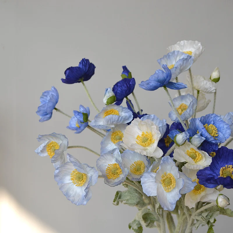 6pcs Artificial Flowers Gorgeous Silk Poppy Flocky Stem Wedding Holiday Bridal Bouquet Photography