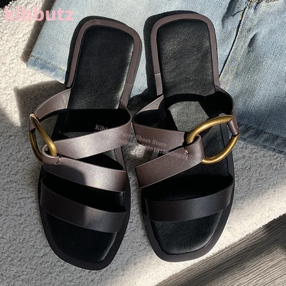 صنادل شبشب بحلقة معدنية من الجلد بمقدمة مستديرة مسطحة مع سهلة الارتداء بلون سادة أحذية نسائية أنيقة ومثيرة وموجزة جديدة