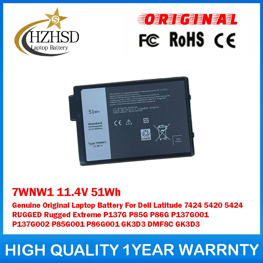 7WNW1 11.4V 51Wh Genuine Original Laptop Battery For Dell Latitude 7424 5420 5424 RUGGED Rugged Extreme P137G P85G P86G P137G001
