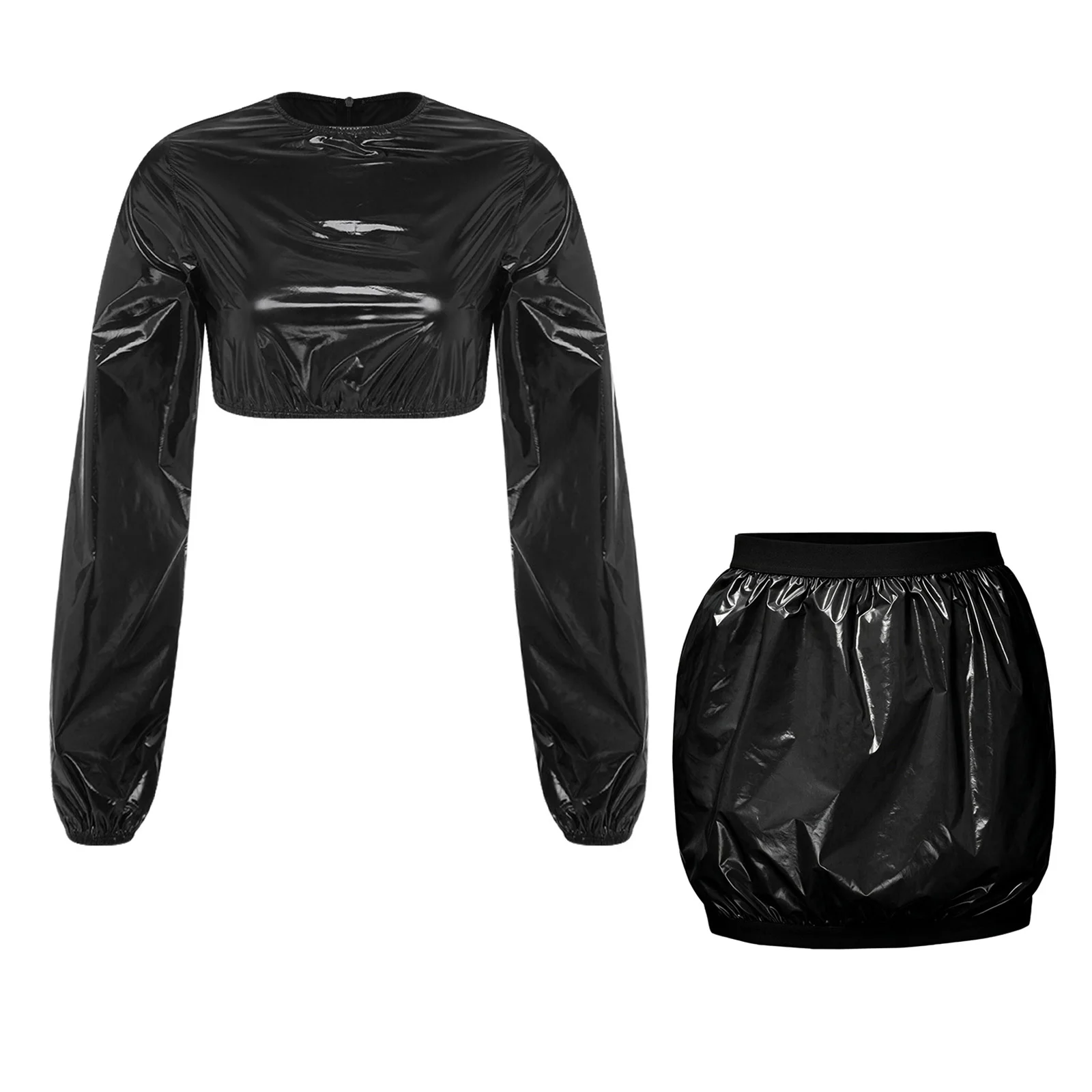 Crew Neck Long Sleeve Waterproof Crop Top and Cover Up Miniskirt for Women Back Zipper Swimwear Clubwear for Pool Party